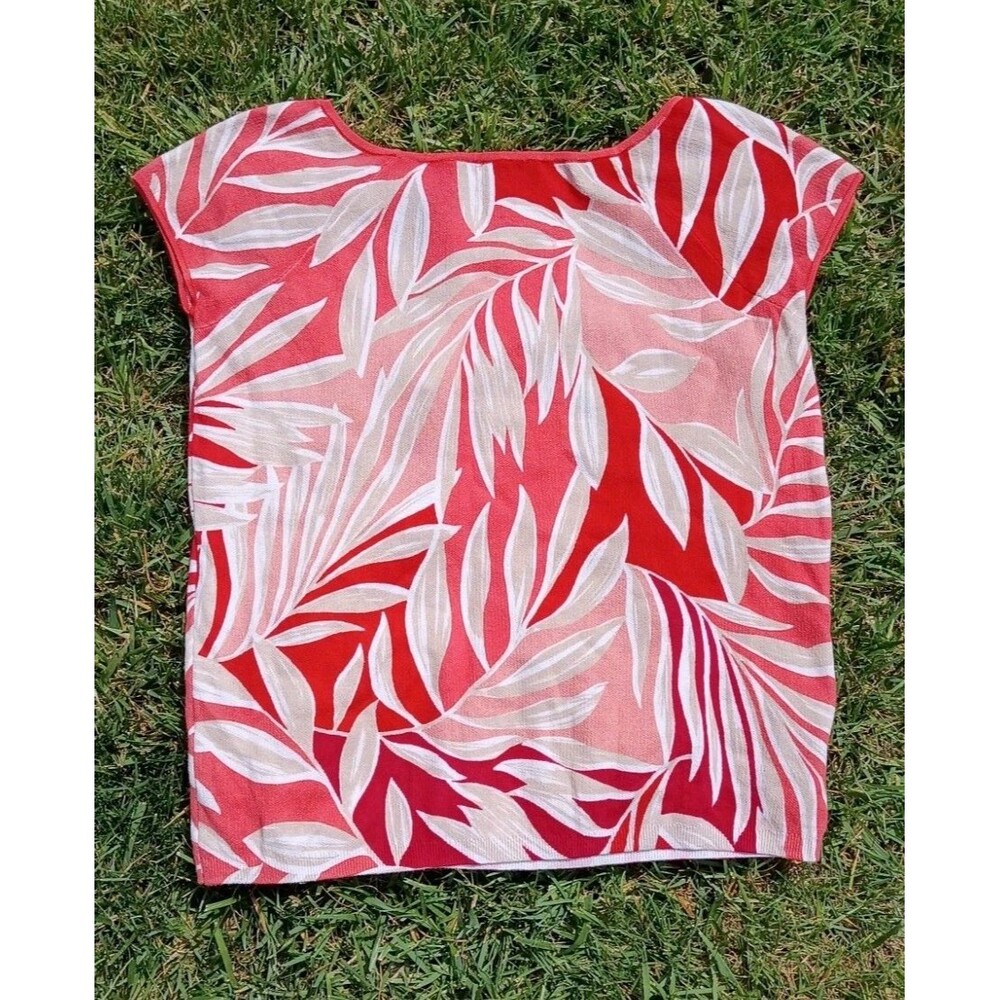 Beachy Coral Pink Tropical Palm Leaf Knit Top Cap Sleeve 100% Cotton Resortwear - Picture 3 of 8